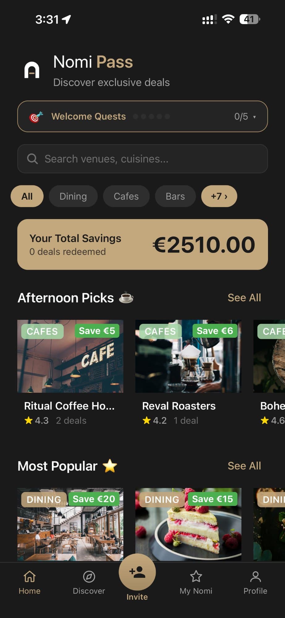 Nomi Pass — Deals and savings home screen